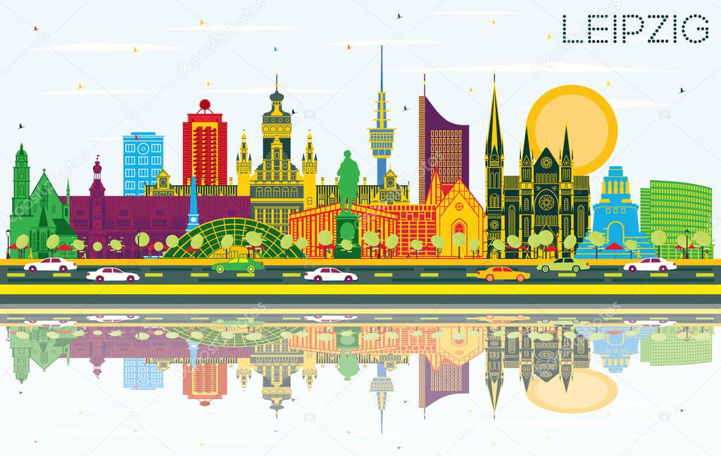 Leipzig Germany City Skyline with Color Buildings, Blue Sky and Reflections. Vector Illustration. Business Travel and Tourism Concept with Historic Architecture. Leipzig Cityscape with Landmarks.