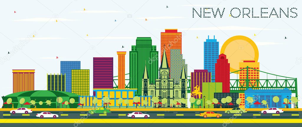 New Orleans Louisiana City Skyline with Color Buildings and Blue Sky. Vector Illustration. Business Travel and Tourism Concept with Modern Architecture. New Orleans USA Cityscape with Landmarks.