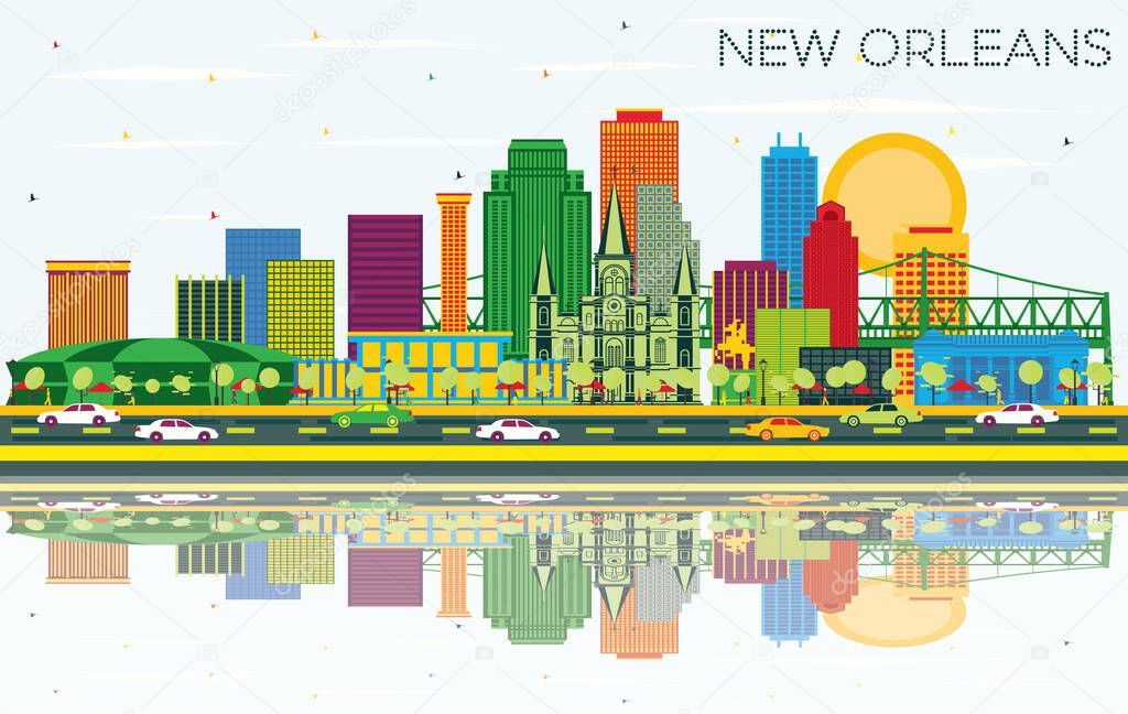 New Orleans Louisiana City Skyline with Color Buildings, Blue Sky and Reflections. Vector Illustration. Business Travel and Tourism Concept with Modern Architecture. New Orleans USA Cityscape with Landmarks.