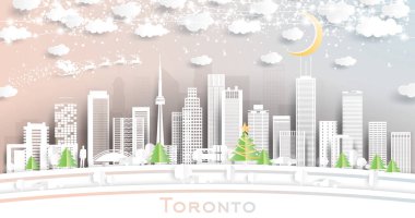 Toronto Canada City Skyline 'da Snowflakes, Moon ve Neon Garland ile birlikte. Vektör İllüstrasyonu. Noel ve Yeni Yıl Kavramı. Noel Baba Kızakta.