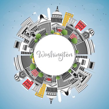Washington DC USA City Skyline ile Gray Buildings, Blue Sky ve Copy Space. Vektör İllüstrasyonu. Tarihi Binalarla İş Seyahatleri ve Turizm Konsepti. Tarihi Simgelerle Washington DC Şehri. 