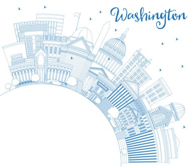 Washington DC 'nin ana hatlarıyla Blue Buildings ve Copy Space. Vektör İllüstrasyonu. Tarihi Binalarla İş Seyahatleri ve Turizm Konsepti. Tarihi Simgelerle Washington DC Şehri. 