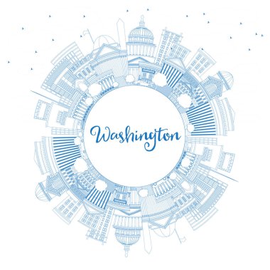 Washington DC 'nin ana hatlarıyla Blue Buildings ve Copy Space. Vektör İllüstrasyonu. Tarihi Binalarla İş Seyahatleri ve Turizm Konsepti. Tarihi Simgelerle Washington DC Şehri. 