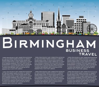 Birmingham UK City Skyline ile Color Buildings, Blue Sky ve Copy Space. Vektör İllüstrasyonu. Birmingham Şebekesi 'nin simgeleri. Tarihi Mimariyle İş Seyahati ve Turizm Konsepti.