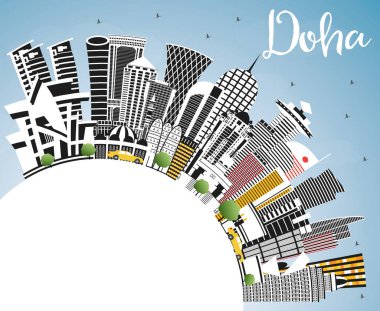 Renkli Binalar, Mavi Gökyüzü ve Kopya Uzayı ile Doha Katar Şehri Skyline. Vektör İllüstrasyonu. Modern Mimariyle İş Seyahati ve Kavram. Tarihi Simgeli Doha Şehir Manzarası.