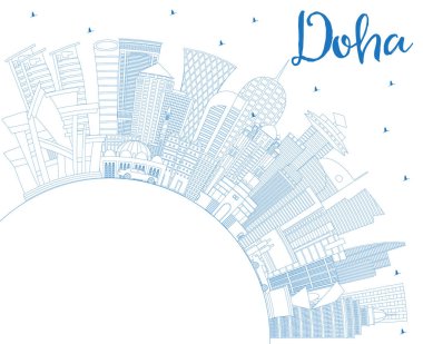 Ana hatlarıyla Doha Katar City Skyline ve Blue Buildings ve Copy Space. Vektör İllüstrasyonu. Modern Mimariyle İş Seyahati ve Kavram. Tarihi Simgeli Doha Şehir Manzarası. 