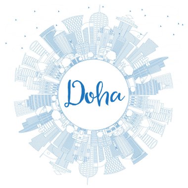 Ana hatlarıyla Doha Katar City Skyline ve Blue Buildings ve Copy Space. Vektör İllüstrasyonu. Modern Mimariyle İş Seyahati ve Kavram. Tarihi Simgeli Doha Şehir Manzarası. 