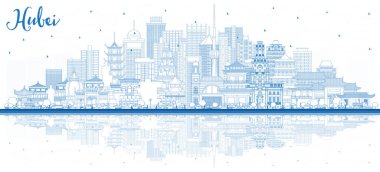 Çin 'deki Hubei Eyaleti' nin ana hatları. Blue Buildings ve Reflections ile City Skyline. Vektör İllüstrasyonu. Tarihi Mimariyle Turizm Konsepti. Hubei Şehir Manzarası. Wuhan. Xiaogan..