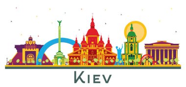 Kiev Ukrayna 'nın Ukrayna şehrinin Skyline' ı. Renkli binalar beyaza izole edilmiş. Vektör İllüstrasyonu. Modern Mimariyle İş Seyahatleri ve Turizm Konsepti. Tarihi Simgeli Kiev Şehir Manzarası.