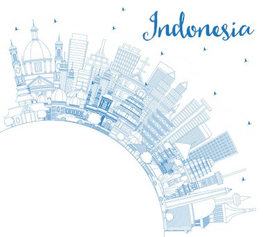 Endonezya Şehirleri 'nin ana hatları Mavi Binalar ve Uzayı Kopyala ile Skyline. Vektör İllüstrasyonu. Tarihi Mimariyle Turizm Konsepti. Tarihi Simgelerle Endonezya Şehir Manzarası. Jakarta. Surabaya. Bekasi. 