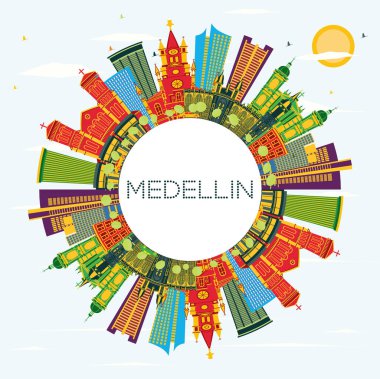 Medellin Kolombiya Şehri Renkli Binalar, Mavi Gökyüzü ve Kopya Uzayı ile Skyline. Vektör İllüstrasyonu. Tarihi Binalarla İş Seyahatleri ve Turizm Konsepti. Tarihi Simgelerle Medellin Şehir Manzarası.