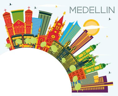 Medellin Kolombiya Şehri Renkli Binalar, Mavi Gökyüzü ve Kopya Uzayı ile Skyline. Vektör İllüstrasyonu. Tarihi Binalarla İş Seyahatleri ve Turizm Konsepti. Tarihi Simgelerle Medellin Şehir Manzarası.