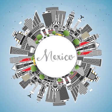 Gri Binaları, Mavi Gökyüzü ve Kopya Uzayı olan Mexico City Skyline. Vektör İllüstrasyonu. Tarihi Mimariyle İş Seyahati ve Turizm Konsepti. Meksiko Şehir Manzarası.