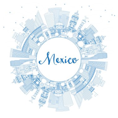 Blue Buildings ve Copy Space ile Mexico City Skyline 'ın ana hatları. Vektör İllüstrasyonu. Tarihi Mimariyle İş Seyahati ve Turizm Konsepti. Meksiko Şehir Manzarası.