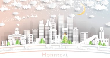 Montreal Kanada şehrinin Skyline 'ı Kar Taneleri, Ay ve Neon Garland ile birlikte. Vektör İllüstrasyonu. Noel ve Yeni Yıl Kavramı. Noel Baba Kızakta.
