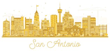 San Antonio Teksas City Skyline Silhouette ve Golden Buildings, White 'da izole edilmiş. Vektör İllüstrasyonu. Tarihi Mimariyle İş ve Turizm Konsepti. Tarihi Eserleri Olan San Antonio Şehri.