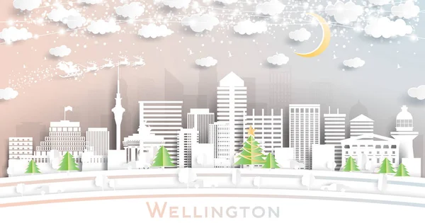 Wellington New Zealand City Skyline Paper Cut Style Snowflakes Moon — стоковий вектор