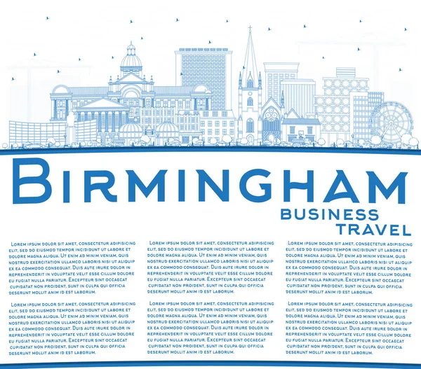 Outline Birmingham City Skyline Con Edifici Blu Spazio Copia Illustrazione — Vettoriale Stock