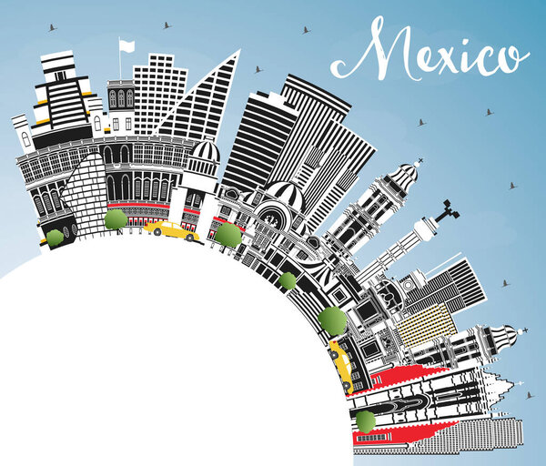 Mexico City Skyline with Gray Buildings, Blue Sky and Copy Space. Vector Illustration. Business Travel and Tourism Concept with Historic Architecture. Mexico Cityscape with Landmarks.