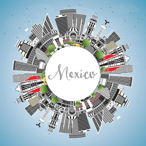 墨西哥城天际线与灰色建筑 蓝天和复制空间 病媒说明 具有历史建筑的商务旅行和旅游概念 具有地标的墨西哥城景观 — 图库矢量图片