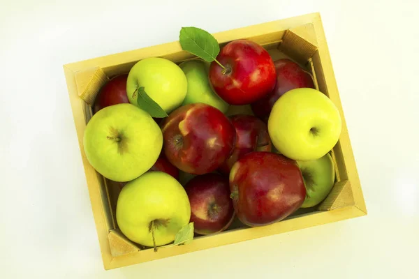 Ripe Red Green Apples Wooden Box White Background — Stock Photo, Image