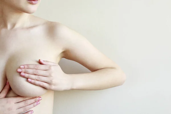 Woman Controlling Breast Cancer Isolated White Background — Stock Photo, Image