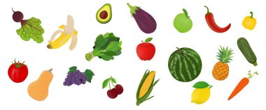 Muz, biber, ananas gibi meyve ve sebzelerin el çizimi simgesi.