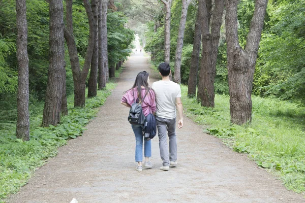 Ormanda yürümek. İki sevgilinin birbirlerine sarılmak. Doğa, aşk ve romantizm