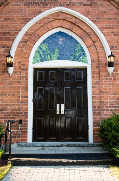 Fragment Brick Building Large Beautiful Doors Stained Glass — Stock Photo, Image