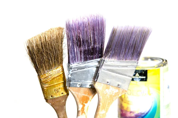 Three Brushes Jars Soiled White Yellow Paint Isolated White Background — Stock Photo, Image