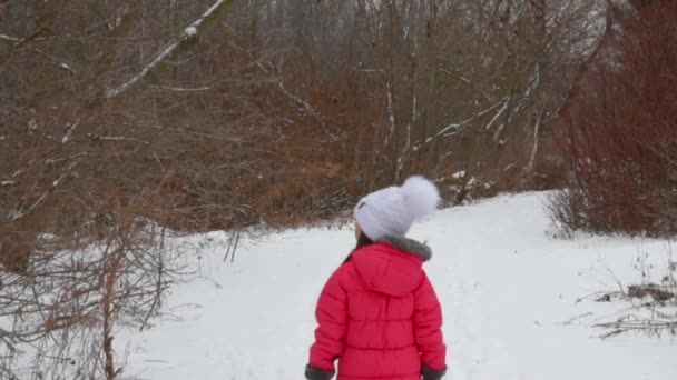 女孩在红色夹克和温暖的裤子乐趣走在白雪覆盖 森林路 — 图库视频影像