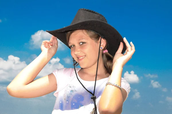 Girl Happily Smiles Tries Hat Poses Photographer — Stock Photo, Image