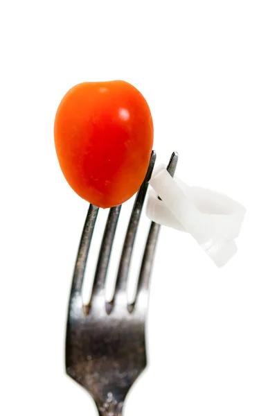 Cherry Tomato and White Onion Rings on Fork — Stock Photo, Image