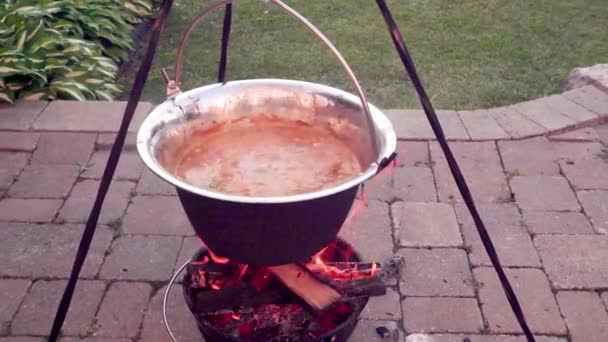 在一个大型不锈钢锅炉的住宅大楼的庭院里 Goulash被煮沸了 — 图库视频影像