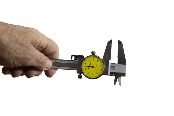 Worker Hand Holds Caliper Millimeter Adjustment — Stock Photo, Image