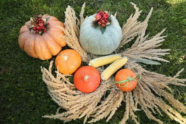 Mand Met Pompoenen Herfstbladeren — Stockfoto