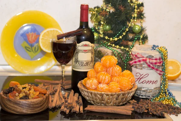 Festive Christmas Romantic Dinner Red Wine Orange Tangerines Orange Dried — Stock Photo, Image