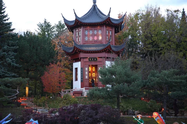 Buddyjski Pagoda Stylu Jezioro Liliami Ścieżki Kwiatów Stylu Jesień Ogrodzie — Zdjęcie stockowe