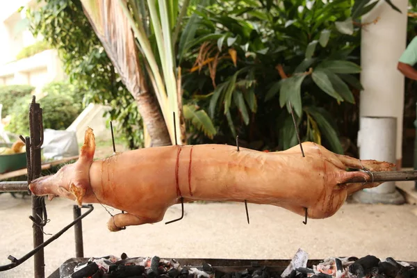 Cerdo Una Saliva Parrilla Cerdo Asado Proceso — Foto de Stock