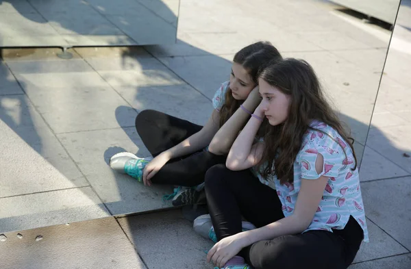 Teenager Girl Reflected Mirror Sad Face Sitting Lotus Position Park — Stock Photo, Image