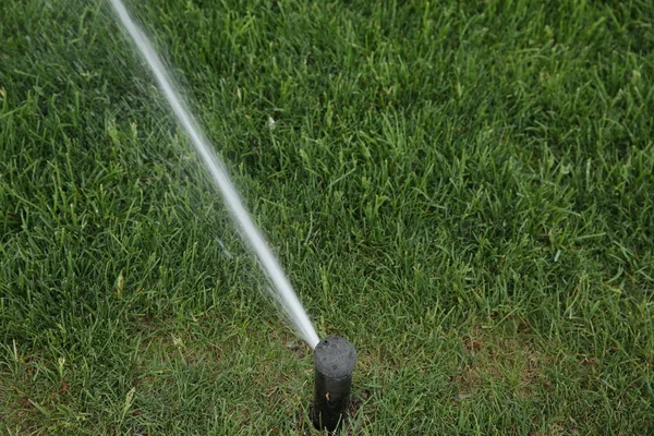 Sprinkler Versprüht Wasser Auf Grünem Gras — Stockfoto