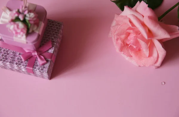 Rosa Rose Mit Geschenkbox Und Wassertropfen Auf Rosa Hintergrund Platz — Stockfoto