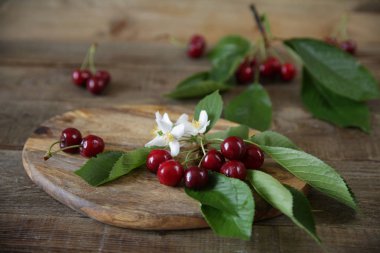 Ahşap rustik arka plan üzerinde yeşil yaprakları ve beyaz çiçekleri ile bir dal üzerinde Taze organik kiraz. Sağlıklı beslenme kavramı. Closeup.