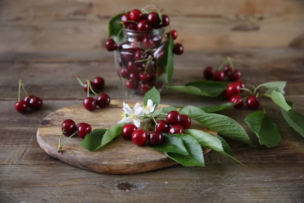 Fresh Organic Sweet Cherries Glass Jar Branch Sweet Cherries Wooden — Stock Photo, Image