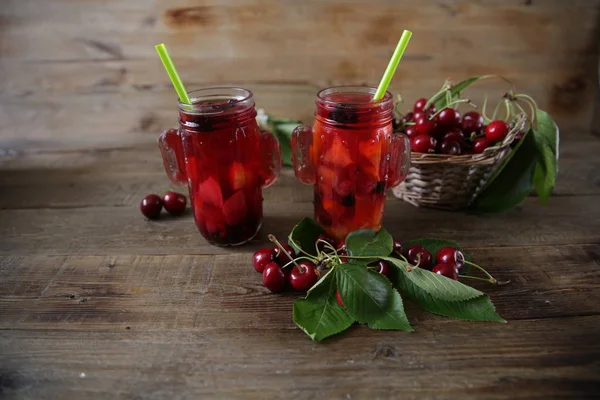 Red Compote Fresh Berries Fruits Glass Jar Straw Drinking Fresh — Stock Photo, Image