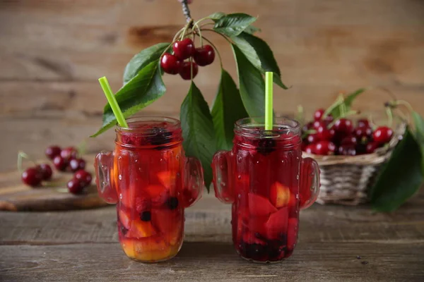 Red Compote Fresh Berries Fruits Glass Jar Straw Drinking Fresh — Stock Photo, Image