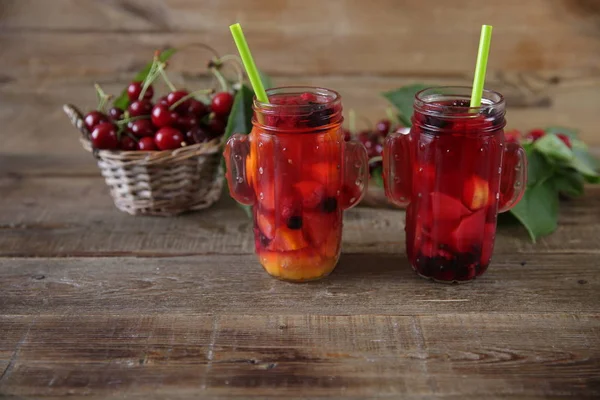 Red Compote Fresh Berries Fruits Glass Jar Straw Drinking Fresh — Stock Photo, Image