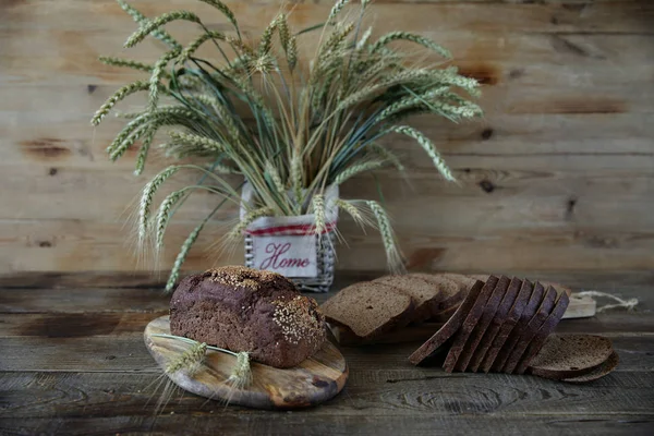 Rye Bread Rye Ears Basket Inscription Home Wooden Rustic Background — Stock Photo, Image