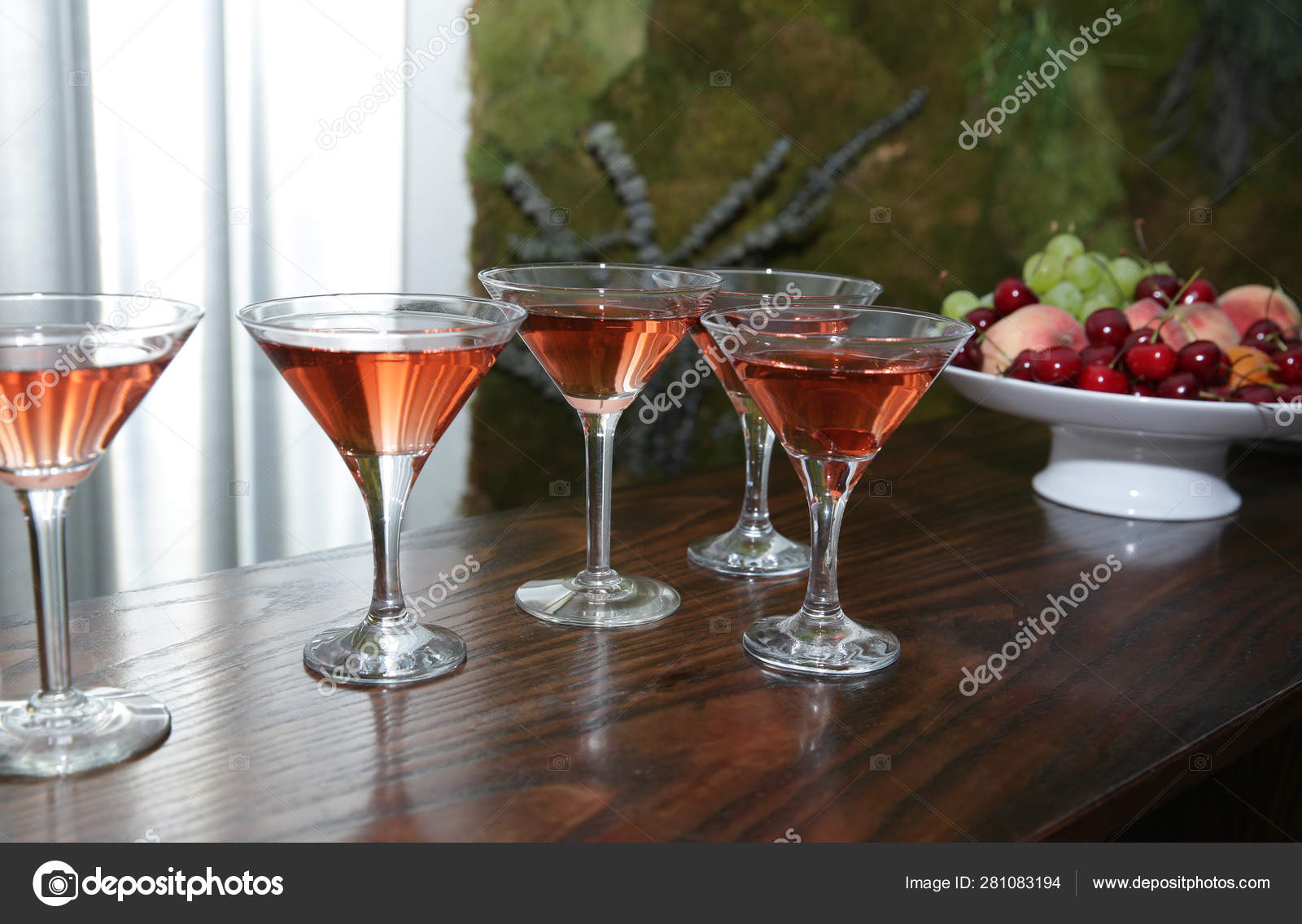 Martini Glasses Red Wine Cocktail Wooden Table Fruit Bar Soft