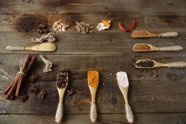  geleneksel baharatlar: zerdeçal, zencefil, tarçın, hindistan cevizi, biber, pembe tuz, ahşap bir arka plan limon otu üzerinde tahta kaşık yıldız anason, portakal kabuğu tarçın çubukları. Metin veya resim için kopyalama alanı ile